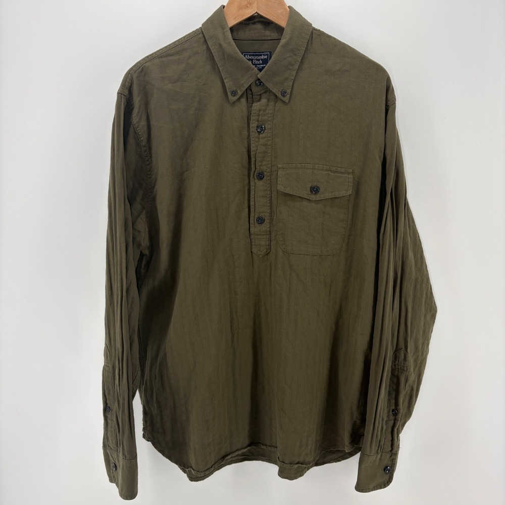 Abercrombie & Fitch Shirt Mens Large Olive Green Half Button Popover Pullover